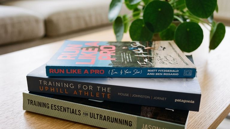 Stapel hardloopboeken over training op een tafel, met een kamerplant op de achtergrond
