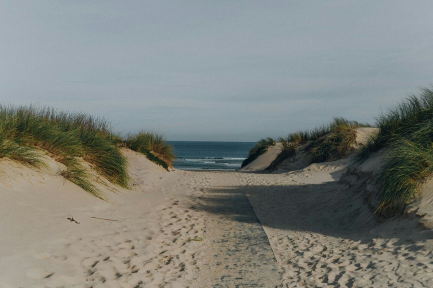 Breed zandpad met voetafdrukken dat tussen begroeide duinen door naar de zee leidt, onder een grijze lucht.