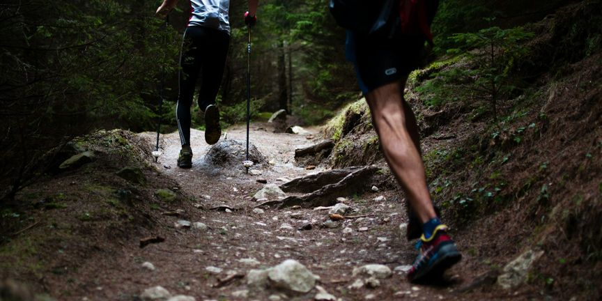 Benen van twee trailrunners met stokken op een rotsachtig bospad
